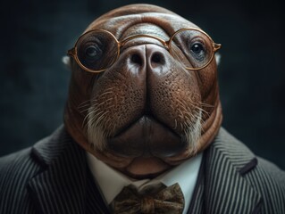 Walrus dressed in a business suit and wearing glasses