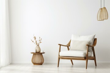 Stylish interior design featuring elegant accessories, a wooden armchair, coffee table, and white wall with copy space. Generative AI