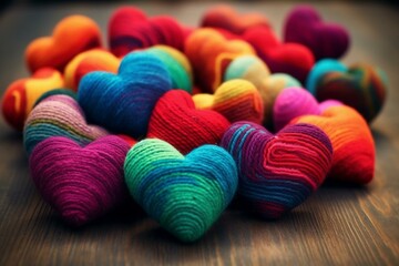 Colorful yarn hearts handcrafted with love. Generative AI