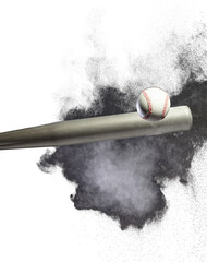 Baseball player hit ball with silver bat and sand soil explode in air. Baseball players in dynamic action hit ball smoke tail. Black background isolated freeze action
