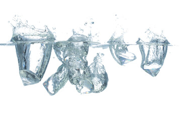 Diamonds falls into water and creates air bubbles on surface. Many Diamonds drop hit smash to clear water and deep to bubble. White background isolated freeze motion