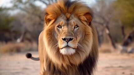 Fototapeta premium The male lion looks proud standing with sharp eyes