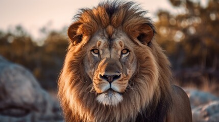 Fototapeta premium The male lion looks proud standing with sharp eyes