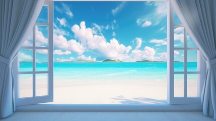 The view from the open window overlooks the white sandy beach - obrazy, fototapety, plakaty