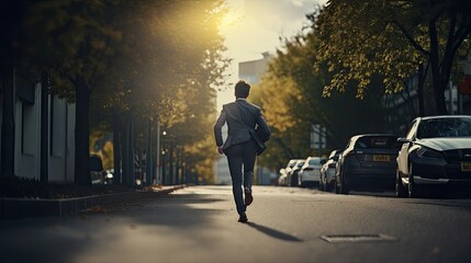 Young businessman running on pathway rare view.