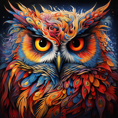 colorful owl closeup in abstract art style