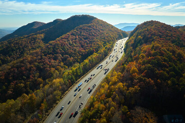 View from above of I-40 freeway in North Carolina heading to Asheville through Appalachian...