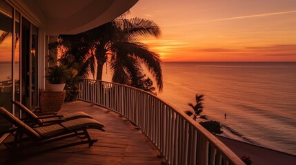 The view from the terrace of the beach villa is a beautiful sunset on the beach - obrazy, fototapety, plakaty