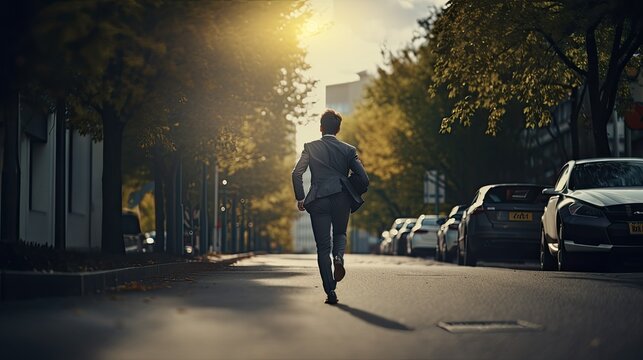 Young businessman running on pathway rare view.