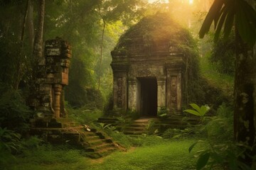 Mystical portal and ancient ruins amidst a rainforest, emitting a gentle glow in the fading light of dusk. Generative AI