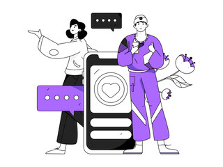 Virtual characters social communication concept business flat vector hand drawn illustration
