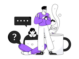 Virtual characters social communication concept business flat vector hand drawn illustration
