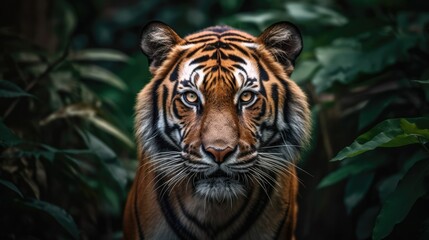 Fototapeta premium Tiger portrait and facing forward. Wild animals