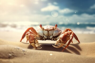 An image showing a crab on a sandy beach. Generative AI - obrazy, fototapety, plakaty