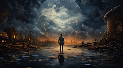 Back view of a man standing on an alien inhabited planet and looking into the distance at night