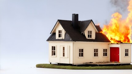 一戸建て住宅のミニチュア模型、 火事、燃える家｜A miniature model of a detached house. fire. burning house. Generative AI - obrazy, fototapety, plakaty