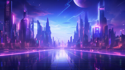Cybernetic Metropolis: Synthwave 3D City with Neon Lights, Holograms, and Aerial View in Pink and Purple Hues