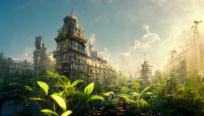 environment steampunk fantasy 1800s european parisian buildings cityscape street level view urban jungle with monster plants rare orchids and epiphytes hyperrealistic very detailed bright sunny day  - obrazy, fototapety, plakaty