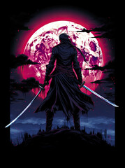 game character, samurai holding a sword at night, light in the background. Ronin, super power, hero.