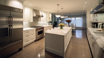 View of a luxury kitchen with marble countertops and kitchen appliances