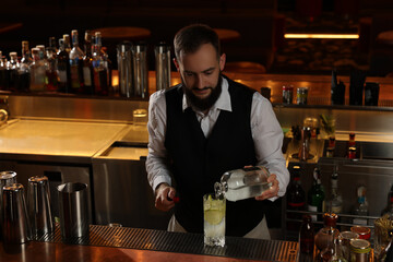 Bartender making fresh alcoholic cocktail at bar counter