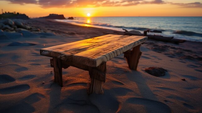 View of an old wooden seafront table, on a beach landscape with sunset