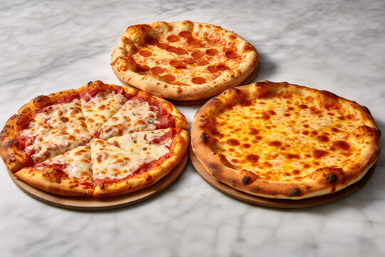 Picture of three delicious pizzas sitting on top of marble counter. Perfect for food enthusiasts or restaurant owners looking for appetizing images to showcase their menu offerings.