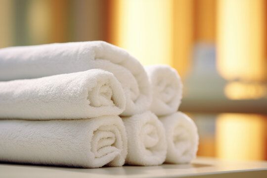 Stack of white towels neatly arranged on top of table. This image can be used to showcase cleanliness and hygiene in various settings.