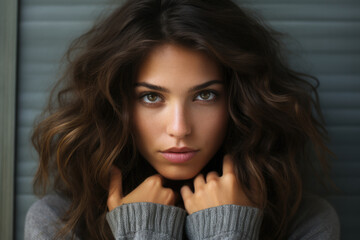 Naklejka premium Stunning young woman with flowing brown hair.