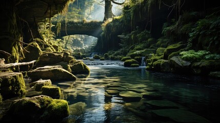 Waterfall in forest natural landscape - obrazy, fototapety, plakaty