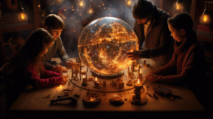 Naklejka premium A family sits at the table next to a sphere with memories