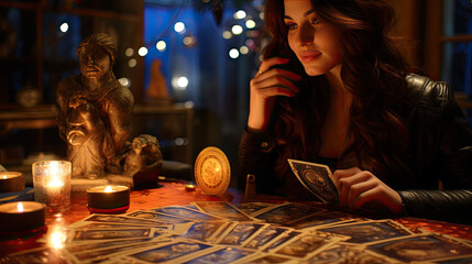 a pretty fortune teller puts cards on the table - obrazy, fototapety, plakaty