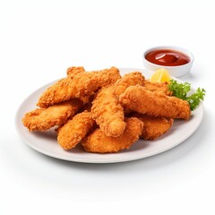 Crispy chicken tenders on a white background