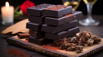 Irresistible Chocolate Delights: Assorted Dark Chocolate and Cinnamon Pieces on Rich Velvety Background - Decadent Indulgence with Artful Textures