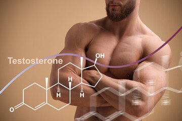 Muscular man and structural formula of testosterone on beige background, closeup - obrazy, fototapety, plakaty