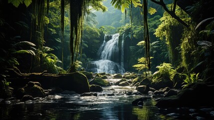 Waterfall in tropical forest isolated on spring background