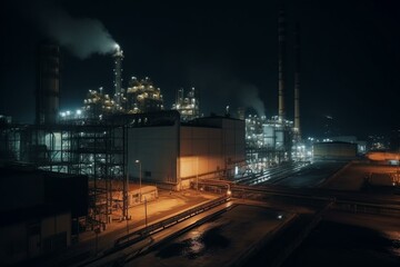 Fototapeta na wymiar Night scene of large illuminated industrial factory buildings with pipes. Generative AI