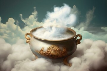 Countries blend on clouds from a cauldron. Generative AI