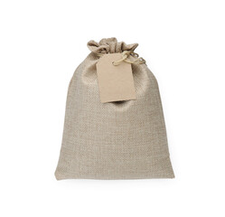Tied burlap bag with tag isolated on white, top view