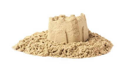 Pile of sand with beautiful castle isolated on white. Outdoor play