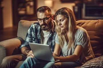 Attractive couple using laptop together on the couch to shop online at home