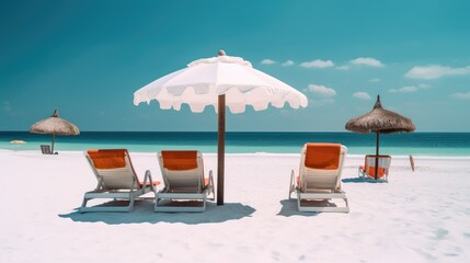 White sand beach holiday. Beach chairs, umbrellas and palm trees on the beach
