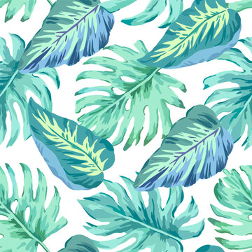 Realistic tropical pattern with monstera leaves. Vector illustration.