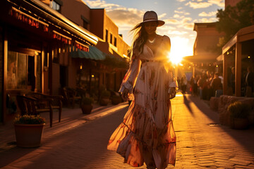 Obraz premium Southwestern Elegance: Ethereal Woman in Santa Fe Stroll, Dressed in Regional Attire at Golden Hour