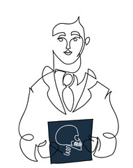 One line drawing of doctor looking at x-ray.
One continuous line drawing of doctor in a white coat.