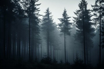 Fototapeta na wymiar Silhouette of forest in foggy dark setting, against a white sky. Generative AI