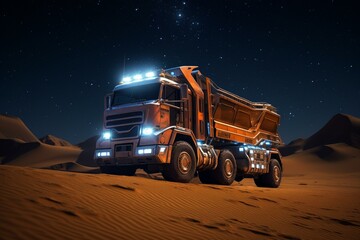 Futuristic truck in desert, illuminated by stars at night. Generative AI