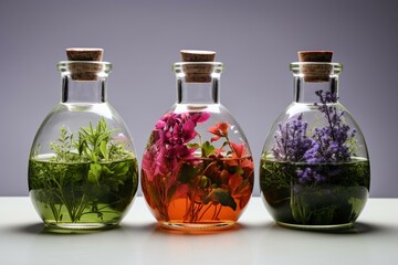 Obraz na płótnie Canvas Flasks with herbal plants on a clear background. Generative AI