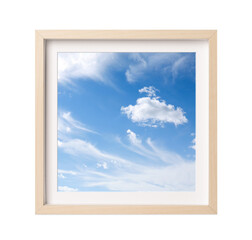 Wooden frame with photo of beautiful sky and clouds isolated on white