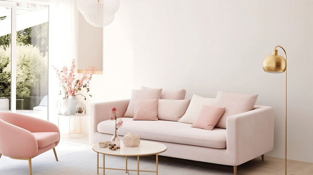 modern living room with pink beige sofa with white wall created with generative Ai